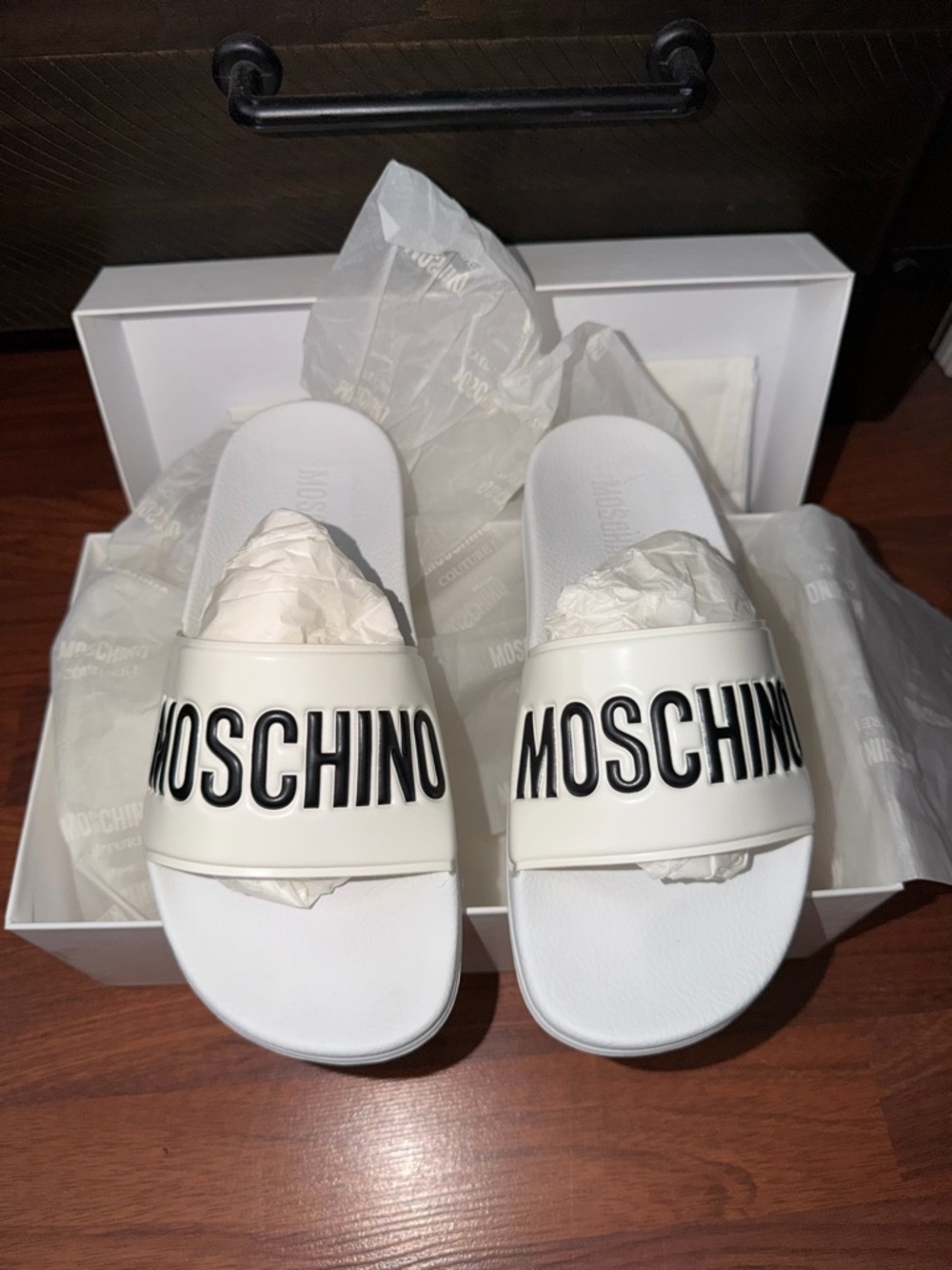 Moschino White Slide Sandals with Black Logo
